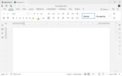 Screenshot of an open document in ONLYOFFICE, displaying a blank page with toolbar options for formatting and editing text.