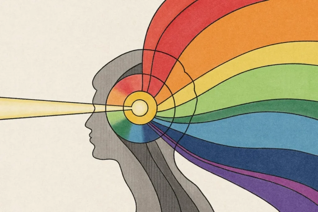 A silhouette of a person's head emits colorful rays of light, symbolizing creativity and inspiration radiating from the mind.