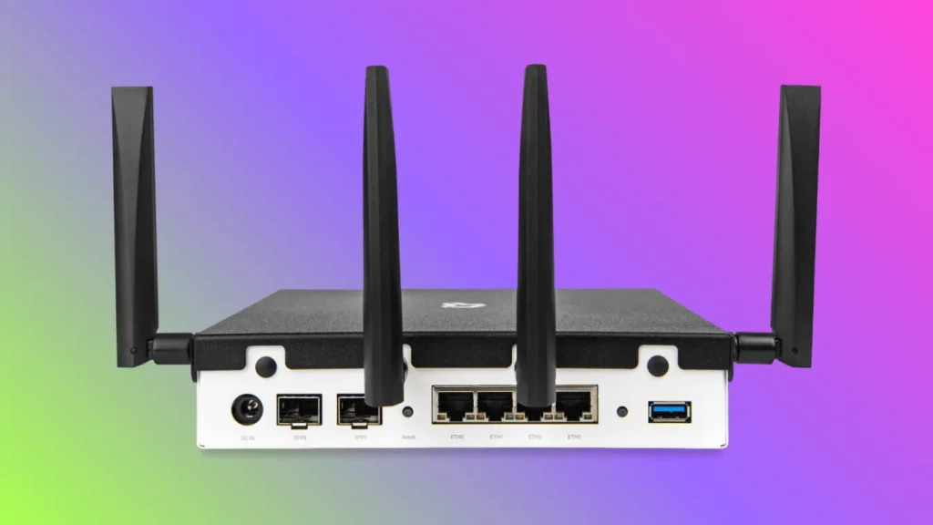 A wireless router with two antennas and multiple ports, set against a vibrant purple and green gradient background.