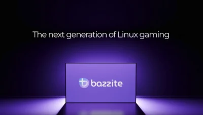A sleek, purple display with the "bazzite" logo, promoting the next generation of Linux gaming.