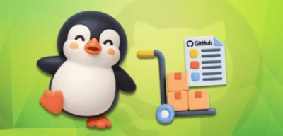 A cheerful cartoon penguin stands next to a cart with boxes and a GitHub checklist, set against a green background.