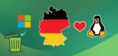 Artistically designed image featuring a trash bin, Germany map with the German flag, and a heart symbol with a penguin, representing Linux love.