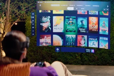 Valve Has the Secret to Playing Your Games Everywhere, and It’s Not Streaming 10 A person sits with a game controller, immersed in a virtual gaming interface showcasing various video game titles outdoors.