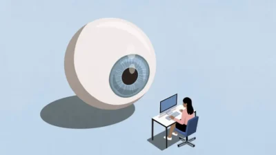 Chrome and Edge browser extensions with 8 million users, collect extended AI conversations 8 A large cartoon eyeball looms over a woman sitting at a desk, working on a computer, symbolizing surveillance or oversight.