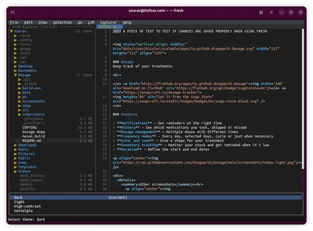 A code editor displaying a README.md file, featuring sections on medication tracking, reminders, and dosage management.
