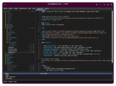 Easier Than Nano! Fresh is a Fresh New Rust-based Terminal Editor 9 A code editor displaying a README.md file, featuring sections on medication tracking, reminders, and dosage management.