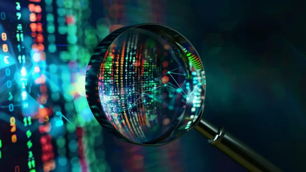 A magnifying glass focuses on colorful digital data streams, symbolizing analysis and exploration of information.