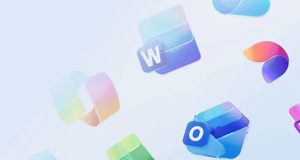 Floating app icons with vibrant gradients, including Microsoft Word, against a soft blue background.