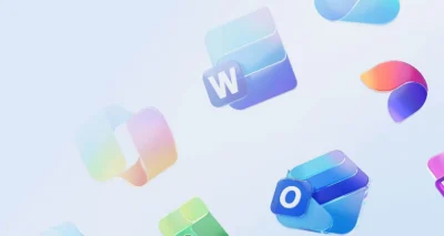 Floating app icons with vibrant gradients, including Microsoft Word, against a soft blue background.