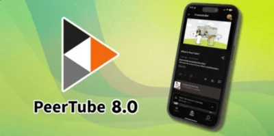 Decentralized YouTube Alternative PeerTube Adds Creator Mode 4 Image promoting PeerTube 8.0, featuring a smartphone displaying the app interface against a colorful gradient background.
