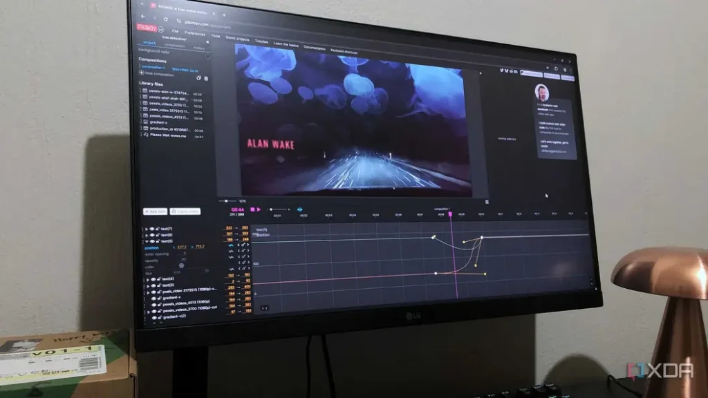 A computer screen displays a video editing software project featuring a nighttime road scene with jellyfish and the title "ALAN WAKE."