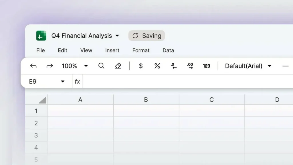 Screenshot of a spreadsheet titled "Q4 Financial Analysis," showing empty cells and formula bar with a saving status indicator.
