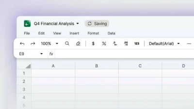 Screenshot of a spreadsheet titled "Q4 Financial Analysis," showing empty cells and formula bar with a saving status indicator.