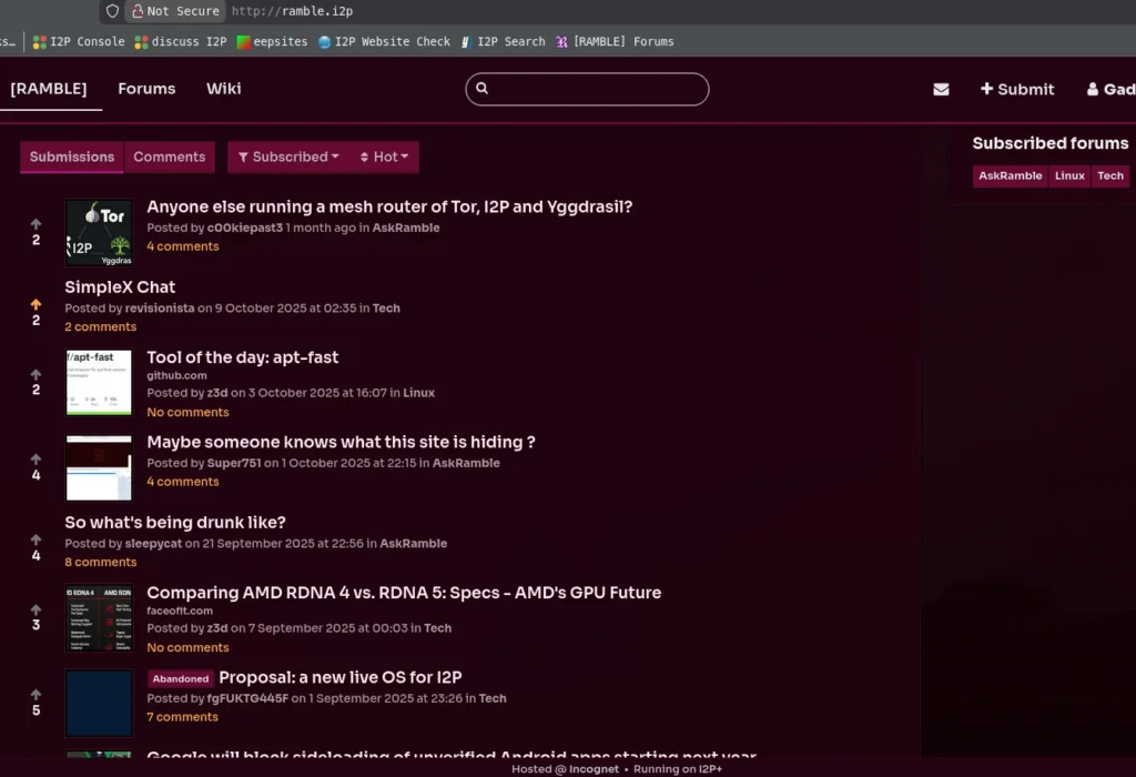 Screenshot of a forum page on Ramble, discussing topics like mesh routers, tech tools, and a new OS proposal for I2P.
