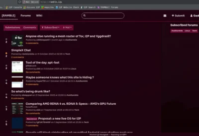 Screenshot of a forum page on Ramble, discussing topics like mesh routers, tech tools, and a new OS proposal for I2P.