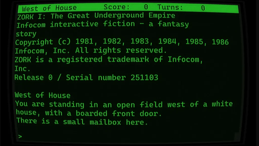 Text-based adventure game Zork I: The Great Underground Empire showing the player’s location and description of surroundings.