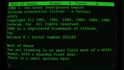 Text-based adventure game Zork I: The Great Underground Empire showing the player’s location and description of surroundings.