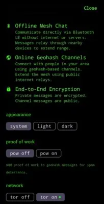 Text-based interface showing options for decentralized messaging, including offline chat, online geohash channels, and encryption settings.