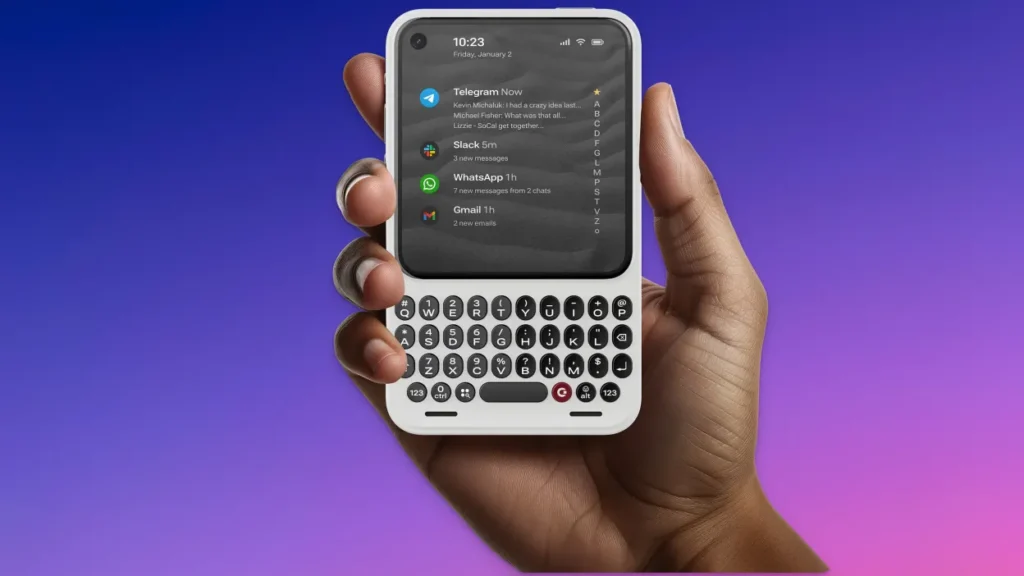 A person holds a smartphone with a physical keyboard, displaying app notifications against a gradient purple background.