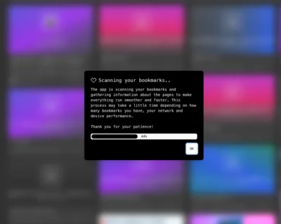 A pop-up window shows "Scanning your bookmarks..." with a progress bar at 44% and an explanation of the scanning process.