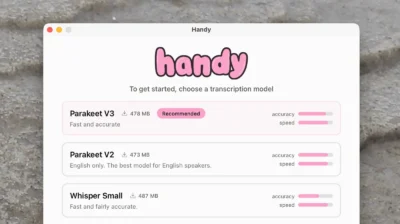 A software interface labeled "Handy" displays three transcription model options with details on size, accuracy, and speed.