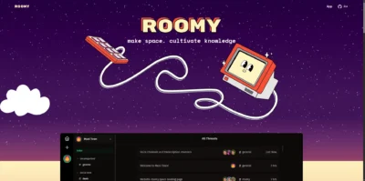 A playful logo design with a cartoonish computer and keyboard against a starry purple background, featuring the text "Roomy" and slogan.