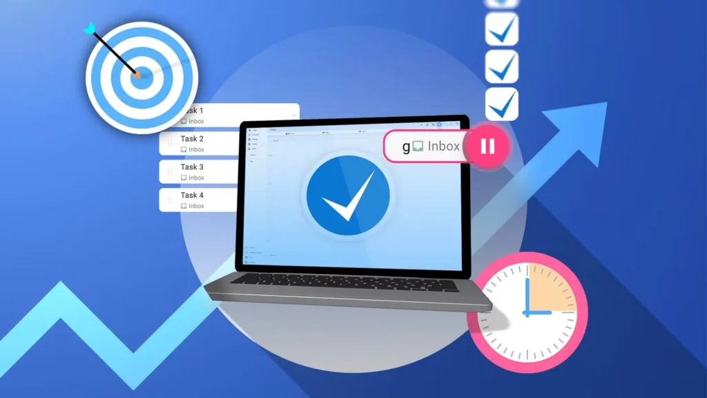 A laptop displaying task lists and a checkmark, surrounded by a target, clock, and upward graph, representing productivity and goal achievement.