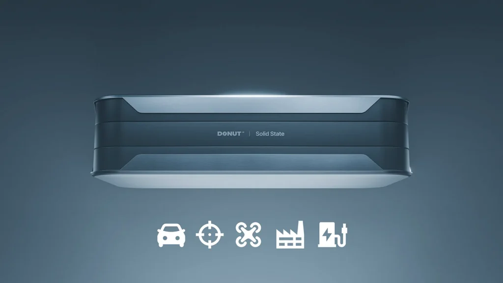A sleek, modern device labeled "DONUT Solid State," accompanied by icons representing a car, drone, factory, and charging.