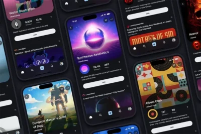 A collage of mobile app screens showcasing various digital art communities, including themes like Synthwave, Horror, and Illustration.