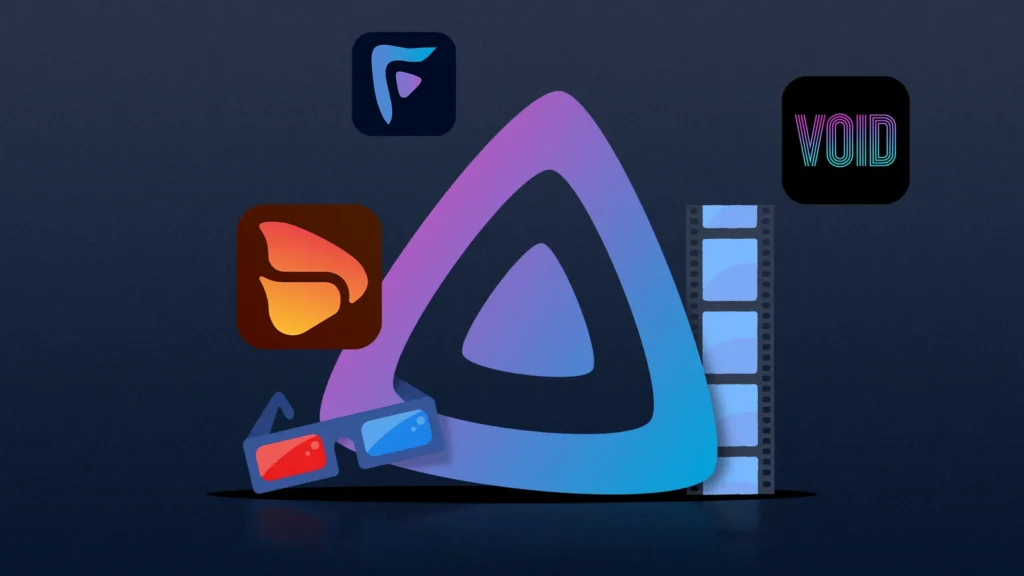 Digital illustration featuring colorful app icons, 3D glasses, and a film strip against a dark background, symbolizing multimedia and creativity.