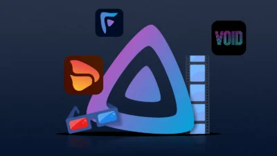 Digital illustration featuring colorful app icons, 3D glasses, and a film strip against a dark background, symbolizing multimedia and creativity.
