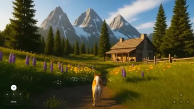 Google's Project Genie lets you conjure entire interactive worlds and step into them 9 A dog walks along a path near a rustic cabin, surrounded by vibrant wildflowers and majestic mountains under a clear sky.