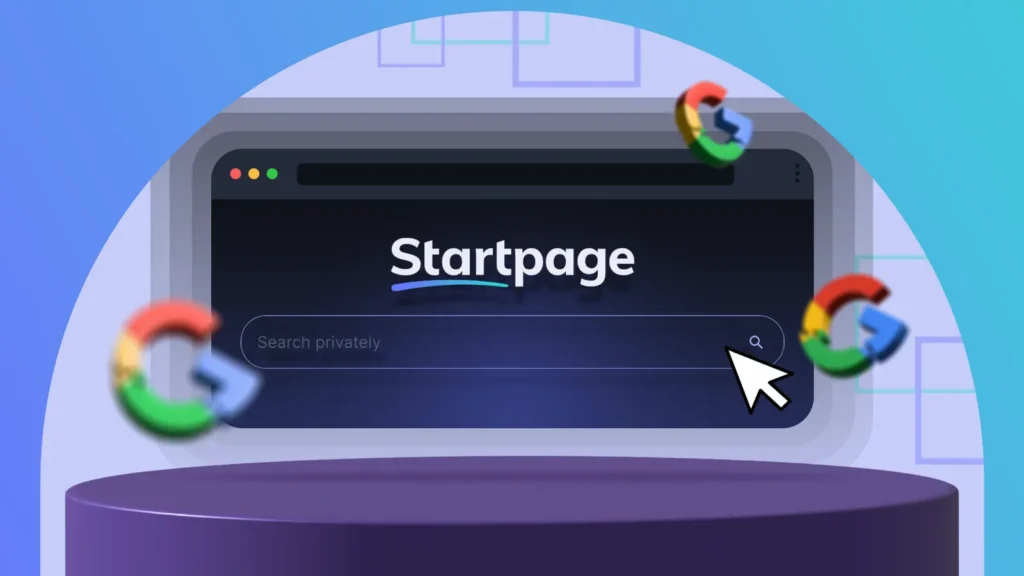Computer screen displaying the Startpage search engine with a cursor over the search bar, emphasizing privacy in online searches.