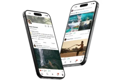 Two smartphones displaying social media profiles. One shows a nature photo, the other features travel and lifestyle images.