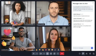 A virtual meeting display with multiple participants, featuring chat messages and reaction emojis like hearts and laughter.