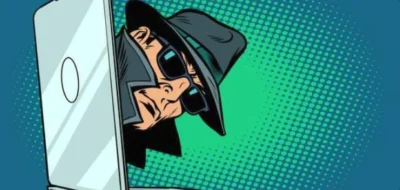 A cartoonish character in a fedora and sunglasses peeks from behind a laptop, suggesting themes of espionage or secrecy.