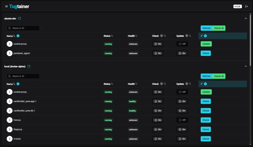 User interface of Tug-tainer displaying Docker containers, their statuses, health checks, and update options in a dark theme layout.