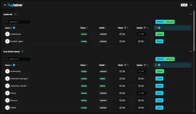 User interface of Tug-tainer displaying Docker containers, their statuses, health checks, and update options in a dark theme layout.