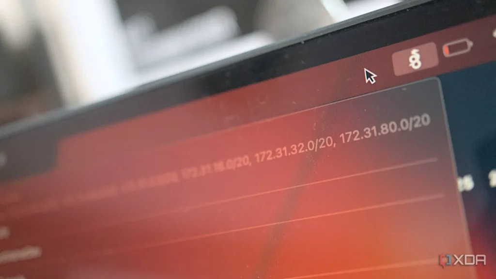 A close-up of a computer screen displaying network IP addresses with a red background, cursor in view, and battery indicator at the top.