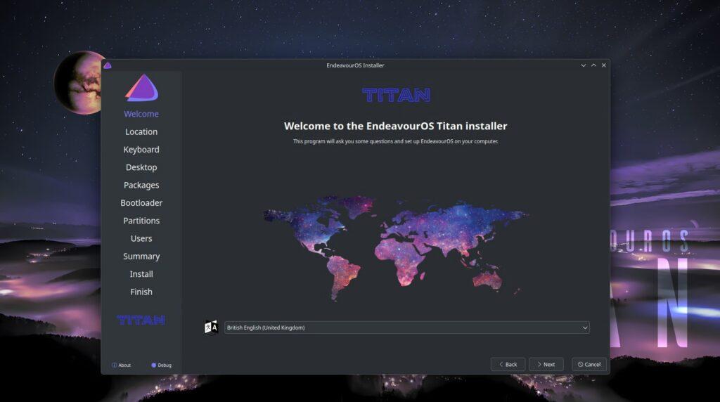 EndeavourOS Titan installer welcome screen with a cosmic world map and setup options on a dark, starry background.