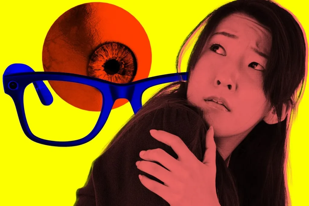 A colorful graphic featuring blue glasses and a circular design resembling an eye against a bright yellow background.