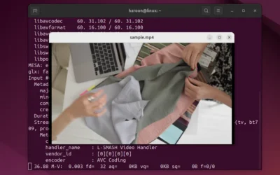 A video player displays hands working with fabric while terminal commands and system info are visible in the background on a Linux desktop.