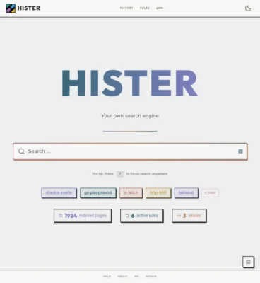 Alt text: HISTER search engine homepage with a search bar, tag filters, and stats showing indexed pages, active rules, and aliases.