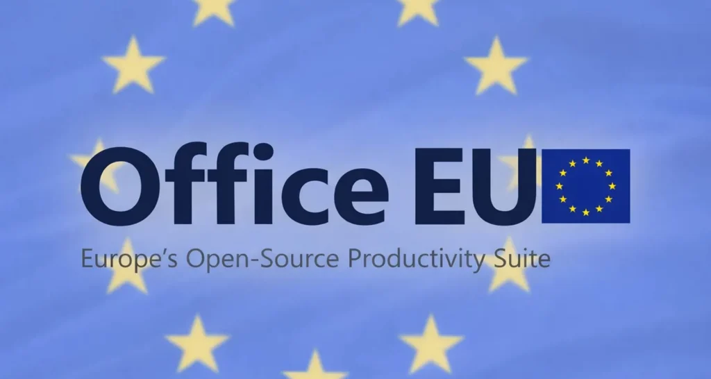 Logo of Office EU, Europe's open-source productivity suite, displayed over a blurred European Union flag background with yellow stars.