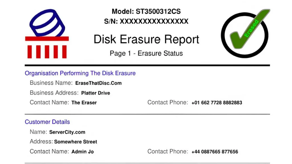 Disk Erasure Report for model ST3500312CS showing erasure status, business and customer details, and contact information.