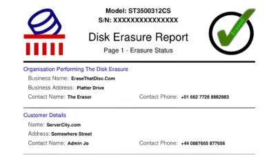 Disk Erasure Report for model ST3500312CS showing erasure status, business and customer details, and contact information.