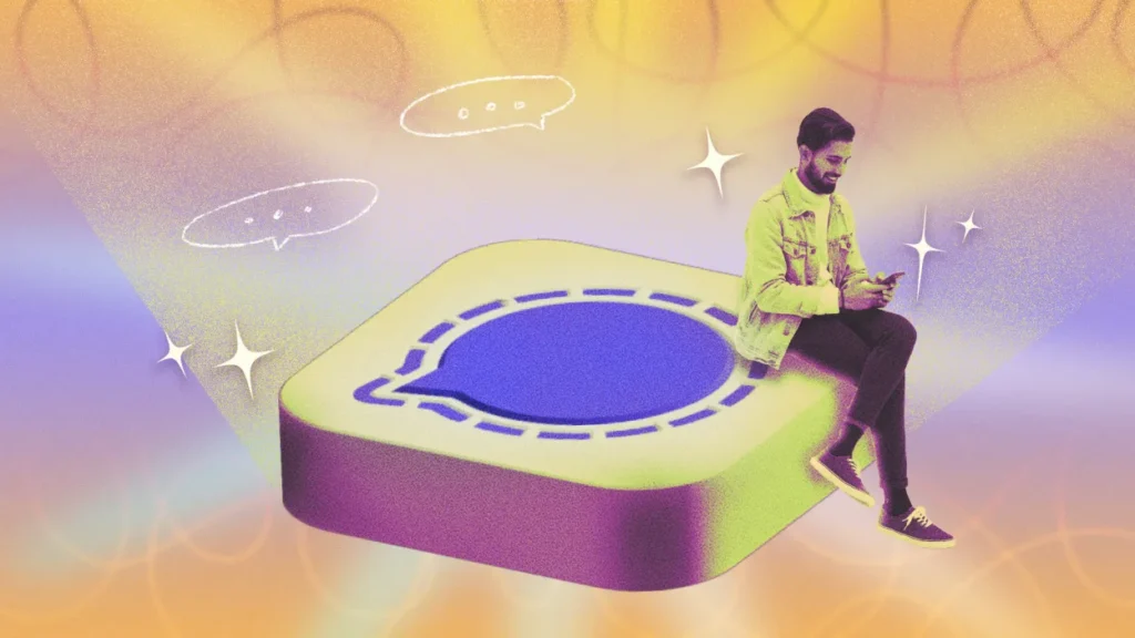 Person sitting on a large Signal app icon, holding a phone, surrounded by glowing speech bubbles and sparkles on a colorful background.