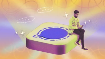 Person sitting on a large Signal app icon, holding a phone, surrounded by glowing speech bubbles and sparkles on a colorful background.