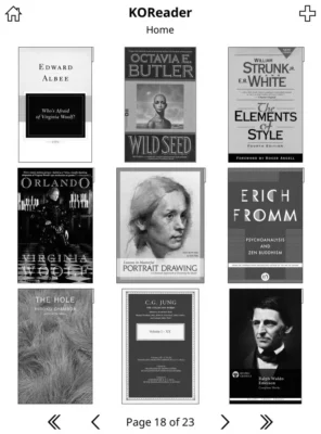 E-book reader screen showing a home page with nine book covers arranged in a 3x3 grid, including titles by Edward Albee, Octavia Butler, and Erich Fromm.