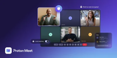 Video call interface of Proton Meet showing six participants, chat window, and security features like end-to-end encryption and meeting lock.